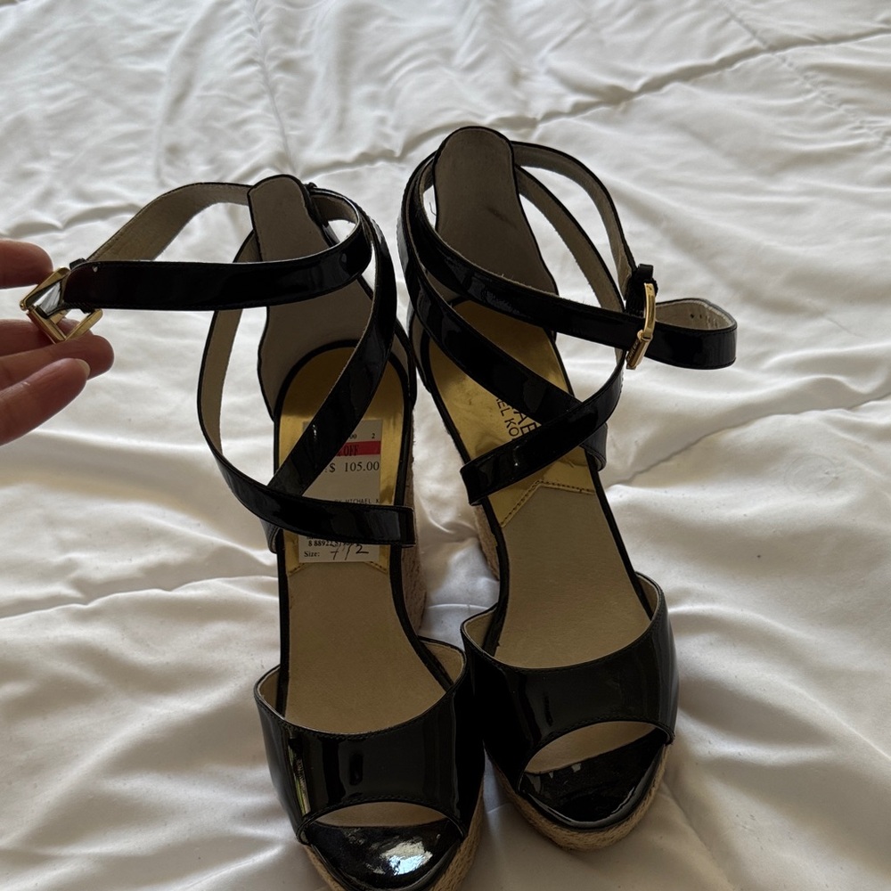 Michael Kors Black Patent Wedge Sandals with Ankle Strap